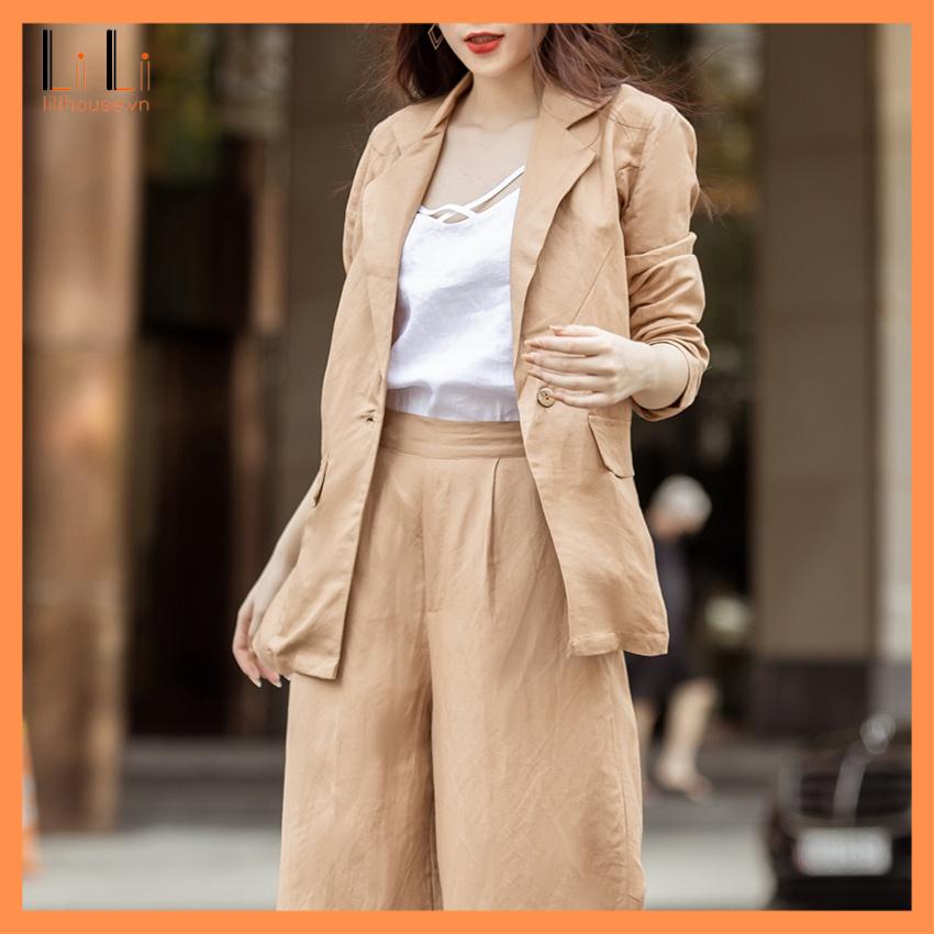 Set áo blazer vest nữ đẹp chất linen cao cấp công sở đẹp có bán kèm quần suông màu kaki | BigBuy360 - bigbuy360.vn