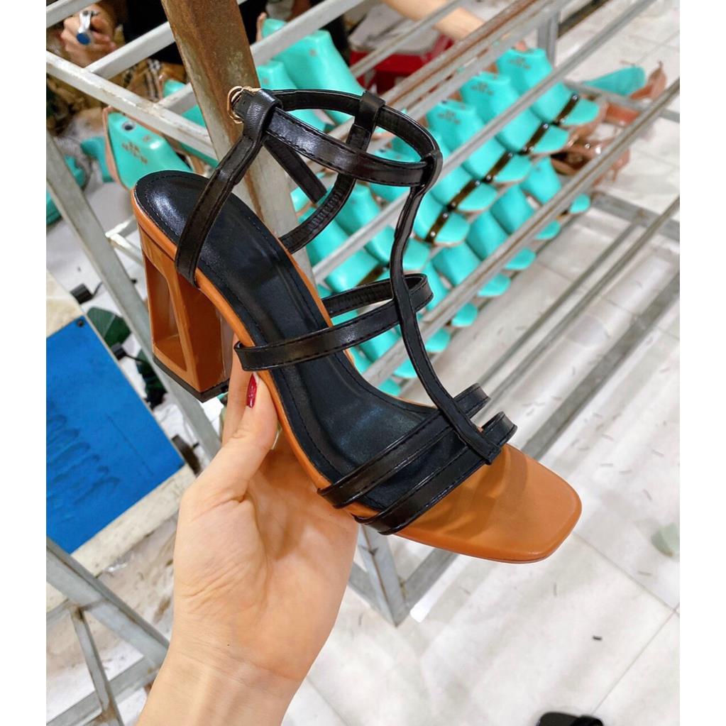 Sandal Dây Gót Khoét pha 2 màu cao 7P Đơn giản mà Tinh tế - Giày Bánh Bèo mã Gót Khoét 👠