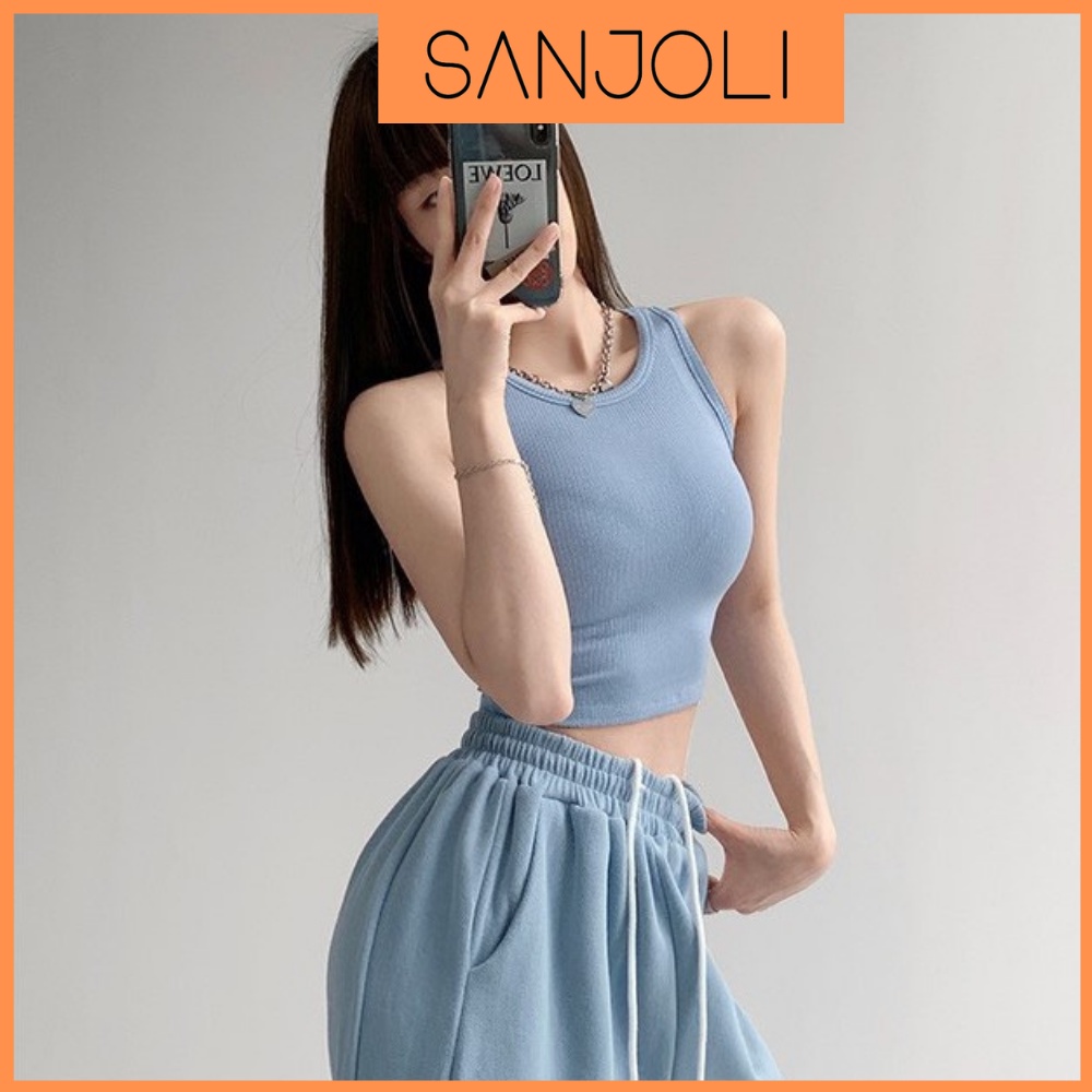Áo Croptop Ba Lỗ Nữ SANJOLI Thun Ôm Body Sexy Đẹp Kiểu dáng Jennie Hàn Quốc cá tính 2 màu đen trắng AO013