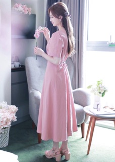 Đầm váy hồng nút bọc form dài (kèm hình thật)