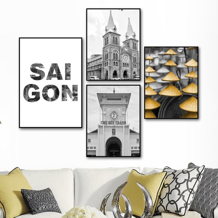 Tranh treo tường canvas nghệ thuật Sài Gòn đen trắng decor trang trí phòng khách phòng ngủ có khung cao cấp cỡ lớn 40x60