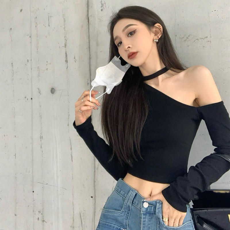 Áo Thun Croptop Tay Dài Màu Sắc Đơn Giản Phong Cách Hàn Quốc Cho Nữ