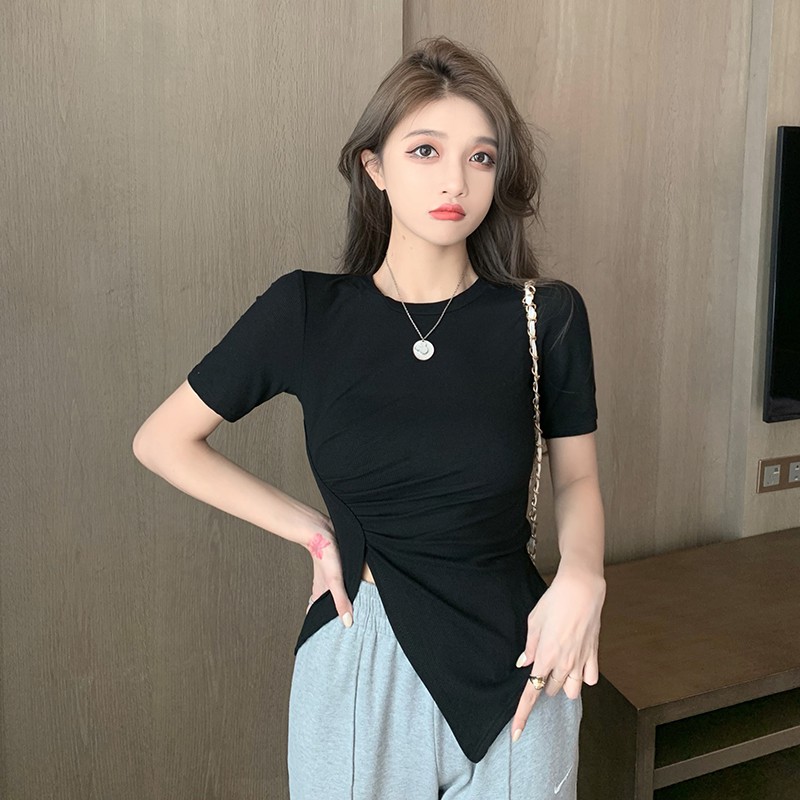 Cocory vn  Áo Croptop Tay Ngắn Cổ Tròn Thiết Kế Độc Đáo Hợp Thời Trang