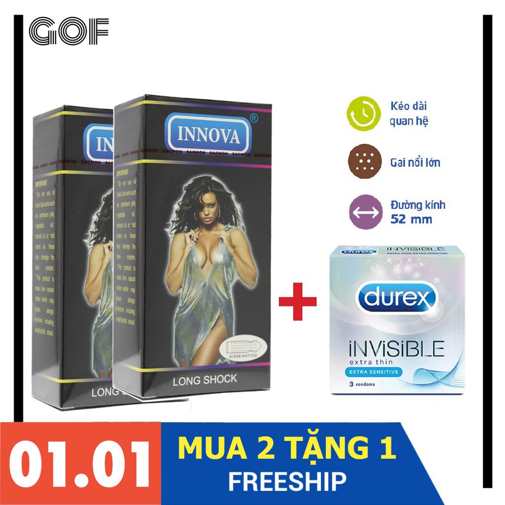 Combo 2 Hộp 24 cái cái Bao cao su INNOVA đen gai lớn kéo dài thời gian - Tặng 1 hộp durex invisible 3 cái