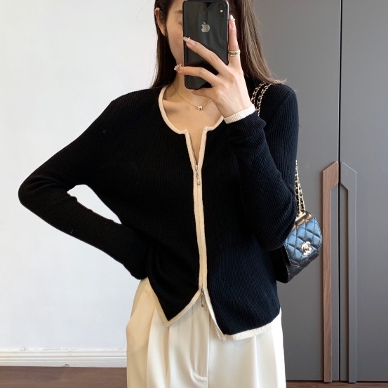 Áo Khoác Cardigan Dệt Kim Cổ Tròn Dáng Ôm Phối Khóa Kéo Đôi Thời Trang Mùa Thu Hàng Mới