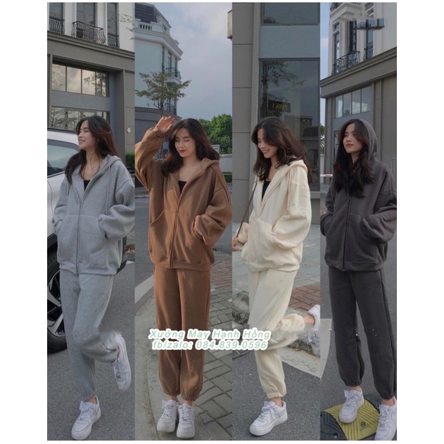 Set áo hoodie trơn có mũ kéo khoá nỉ bo gấu form oversize hàng Quảng Châu