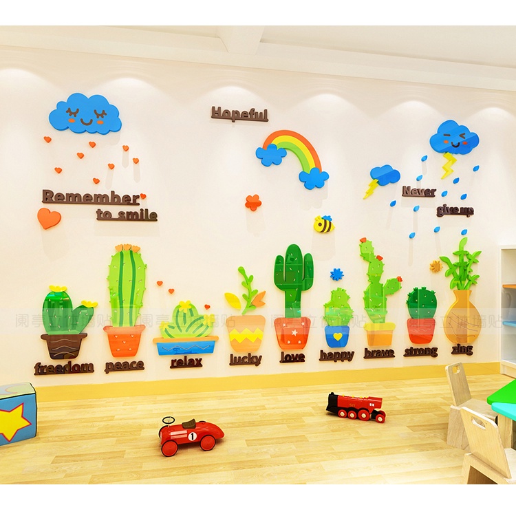 Tranh dán tường mica 3d decor Những cây xương rồng đáng yêu Trang trí nhà trẻ, cầu thang, phòng trẻ Nhiều Size - EPeBen
