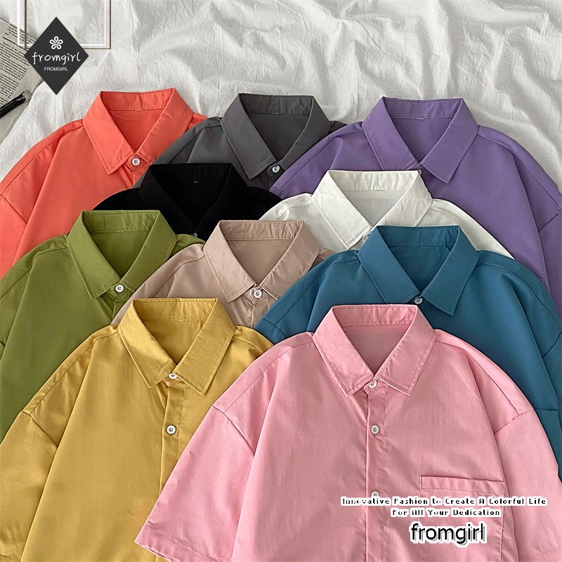 Áo Sơ Mi Tay Ngắn Dáng Rộng Màu Sắc Đơn Giản Thời Trang Mùa Hè Xinh Xắn Dành Cho Nữ