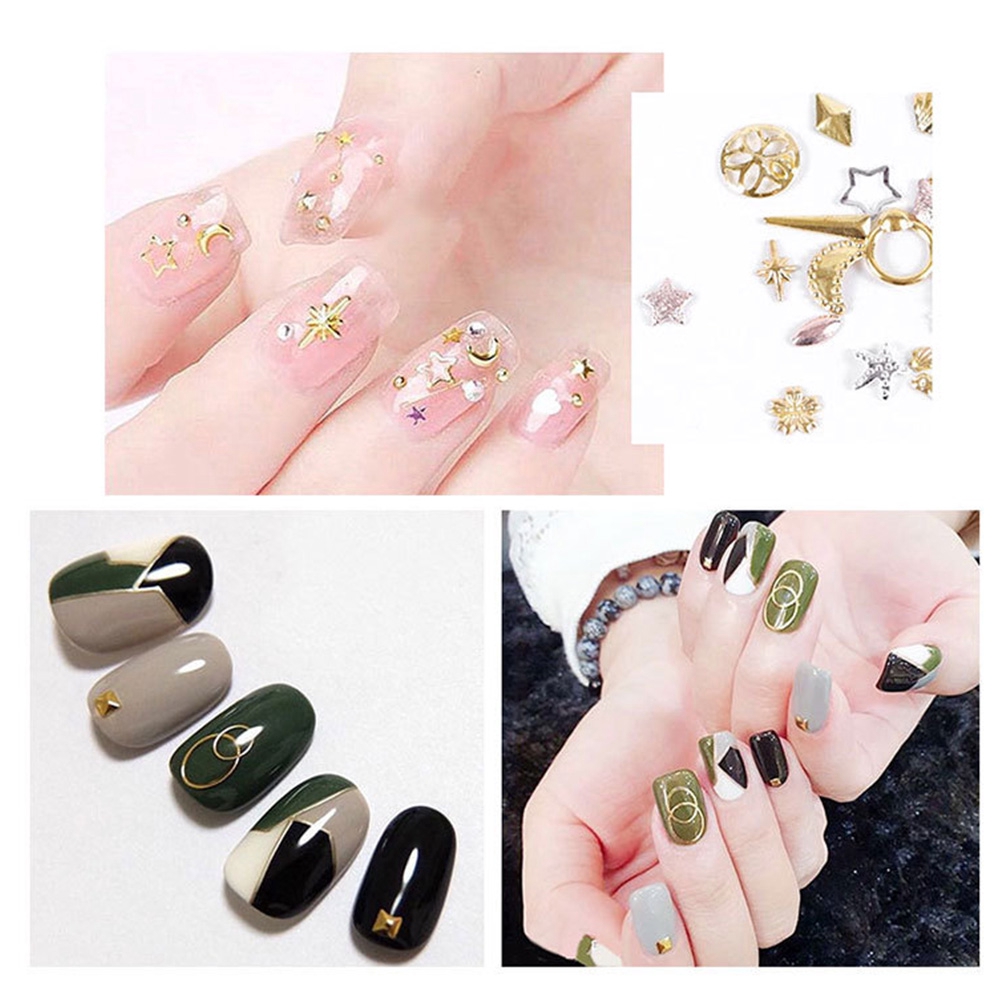 9 Style Nail Art Wheel Rose Gold/Silver/Gold 3D Nail Studs Rivet Metal Star Mixed Patterns Flat-back DIY Metal Nail Decoration