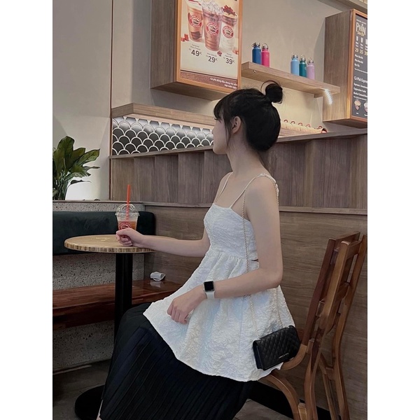 ÁO KIỂU 2 DÂY MOOD TOP thiết kế form tiểu thư hở lưng quyến rũ thắt nơ sau lưng có bo chun co giãn chất vải gấm