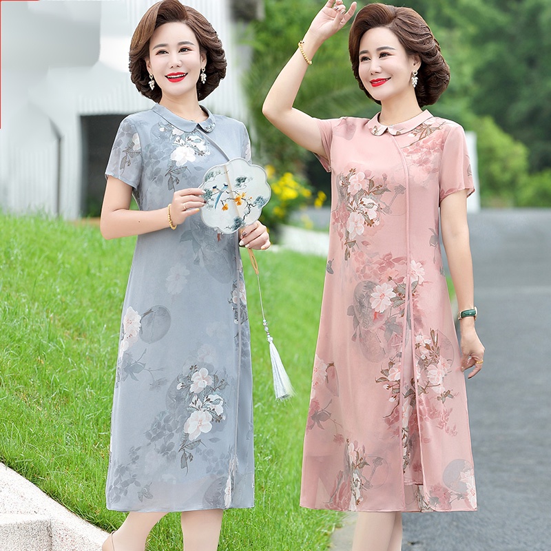 Đầm Sườn Xám Tay Ngắn Chất Liệu Chiffon Thời Trang Mùa Hè Cho Nữ Trung Niên