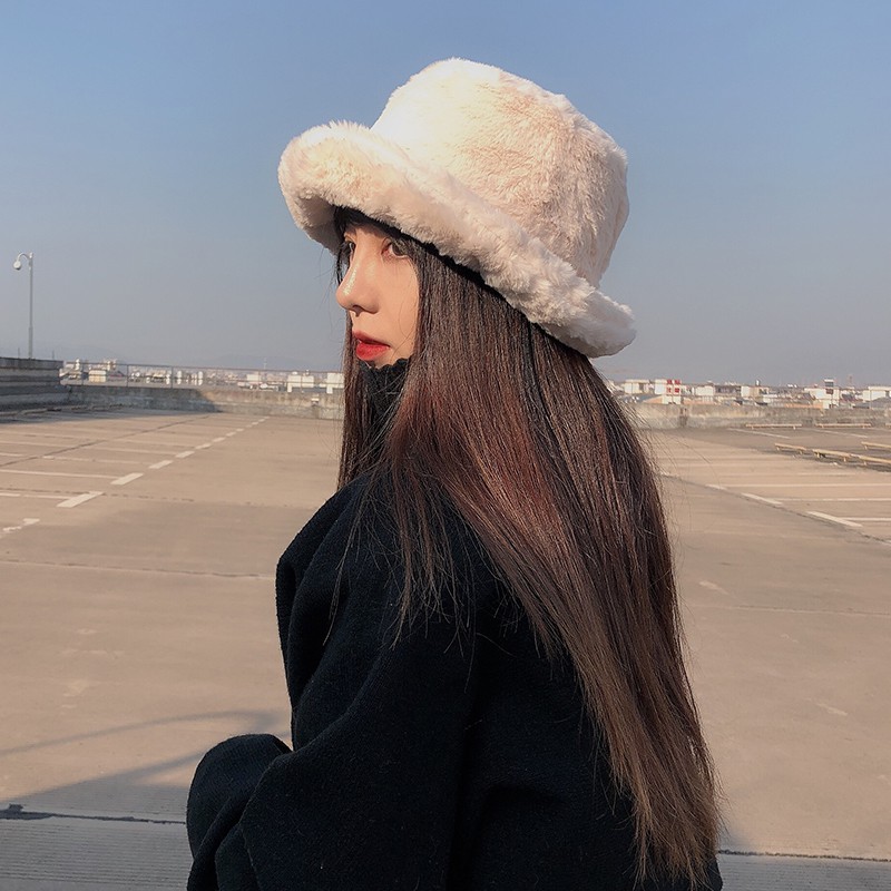 Nón tai bèo lông thỏ nhân tạo dày dặn màu sắc trơn phong cách Nhật Bản thời trang mùa đông cho nữ