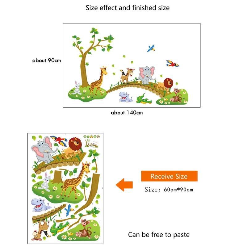Decal dán tường cho bé mẫu hoạt hình các con động vật rừng qua cây cầu