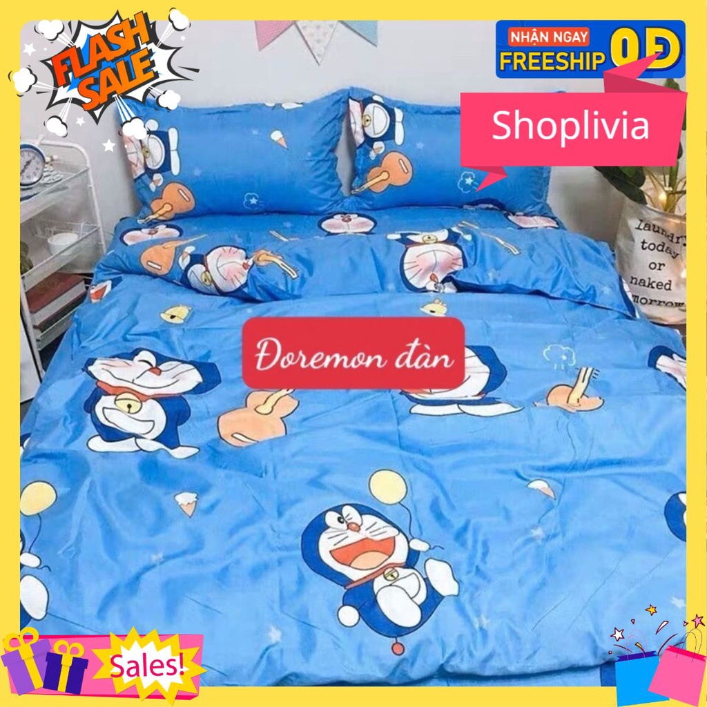 Bộ Ga Gối Poly 1m8x2m,gồm 1 ga 2 vỏ gối nằm,mẫu mới nhất, MẪU ĐOREMON ĐÀN