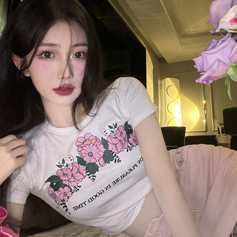 Áo Thun Croptop Ngắn Tay Cổ Tròn Form Ôm In Họa Tiết Hoa Phong Cách Hàn Quốc Thời Trang Cho Nữ