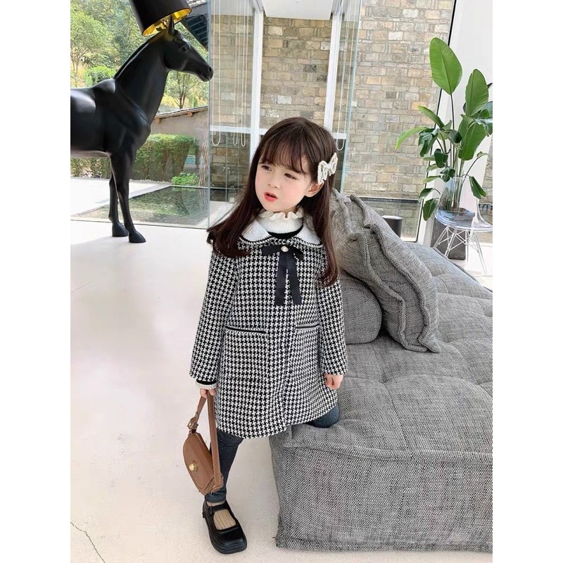 Áo dạ zikzac bé kiểu dáng váy kèm nơ