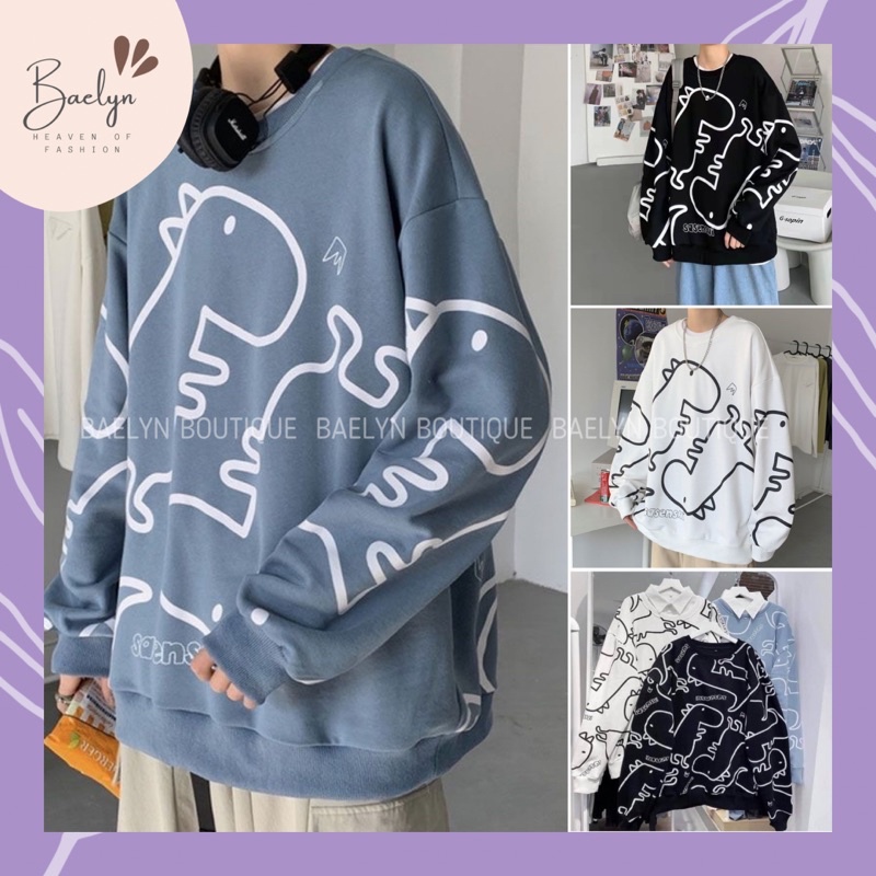 Áo nỉ sweater khủng long unisex mặc thu đông dày dặn cho nam và nữ màu trắng, xanh, đen