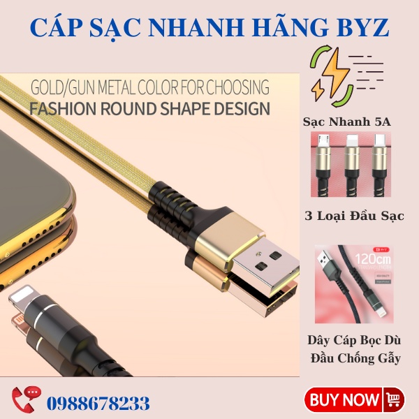 Cáp Sạc Nhanh 5A Bọc Dù Siêu Bền Đầu Chống Gẫy Dùng Cho Các Loại Điện Thoại Bảo Hành 12 Tháng