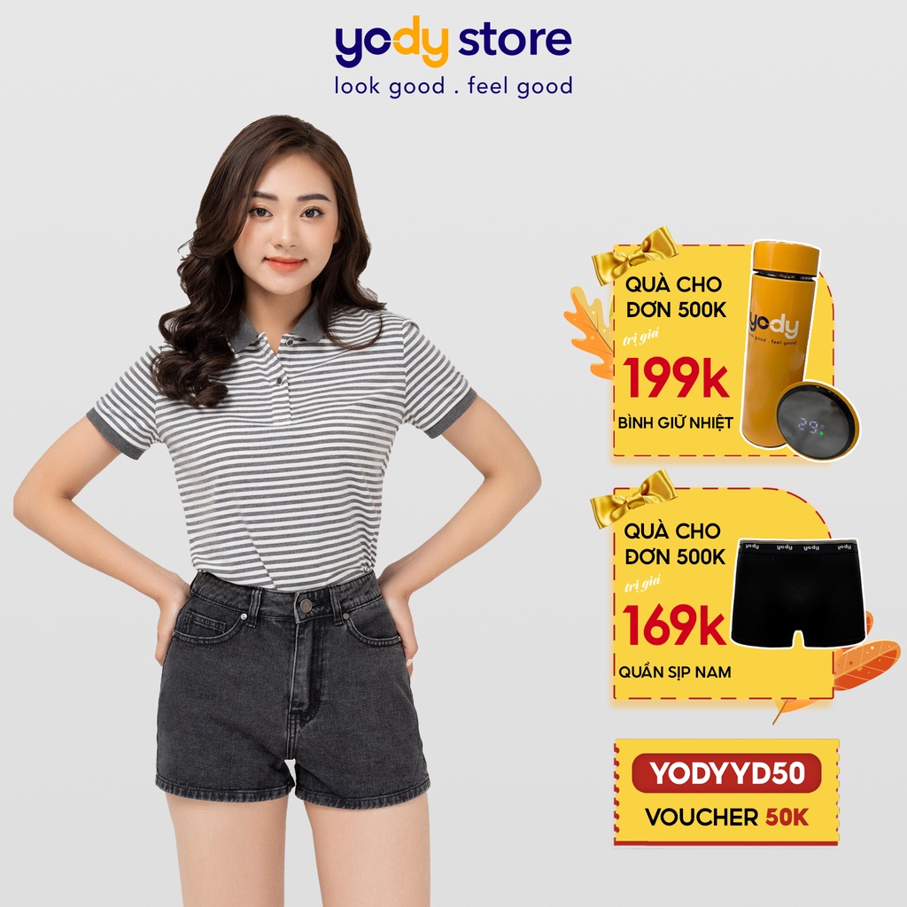 Áo polo nữ kẻ melange thương hiệu YODY dáng basic chất cotton - APN4172 | BigBuy360 - bigbuy360.vn