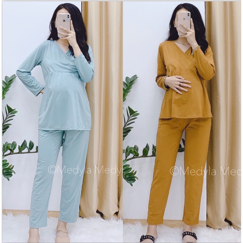 Bộ bầu và sau sinh DÀI TAY vén chéo ngực cho con bú Thu Đông, chất thun cotton mềm mịn cho bà bầu