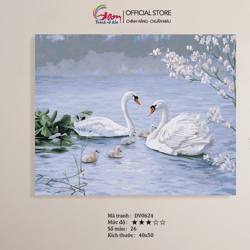 Tranh tô màu theo số Gam Đôi thiên nga trắng đã căng khung 40x50cm DV0624