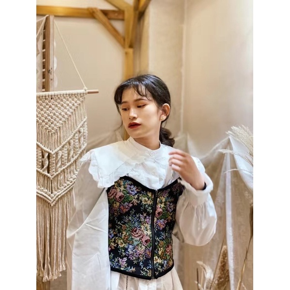 Set Áo Coset Sơmi Tay Bồng Phong Cách Vintage Châu Âu