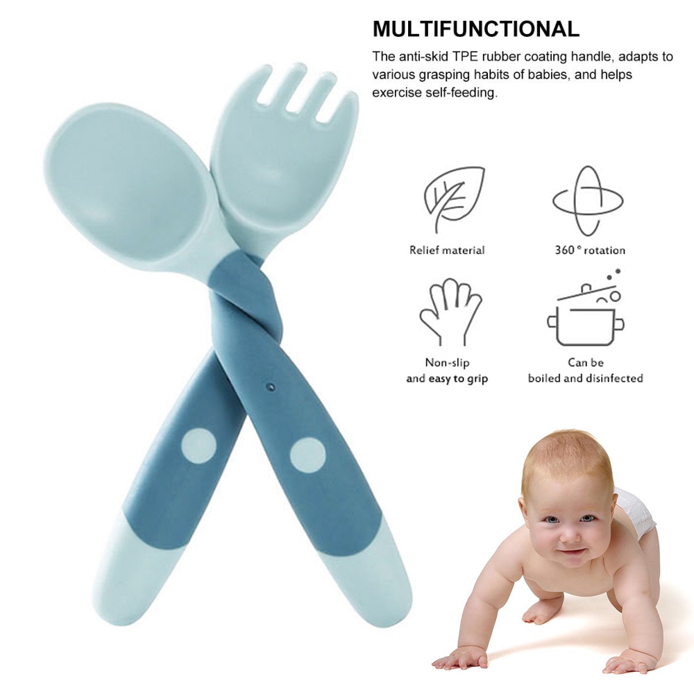 Set muỗng và nĩa silicone mềm uốn cong được dành cho bé tập ăn