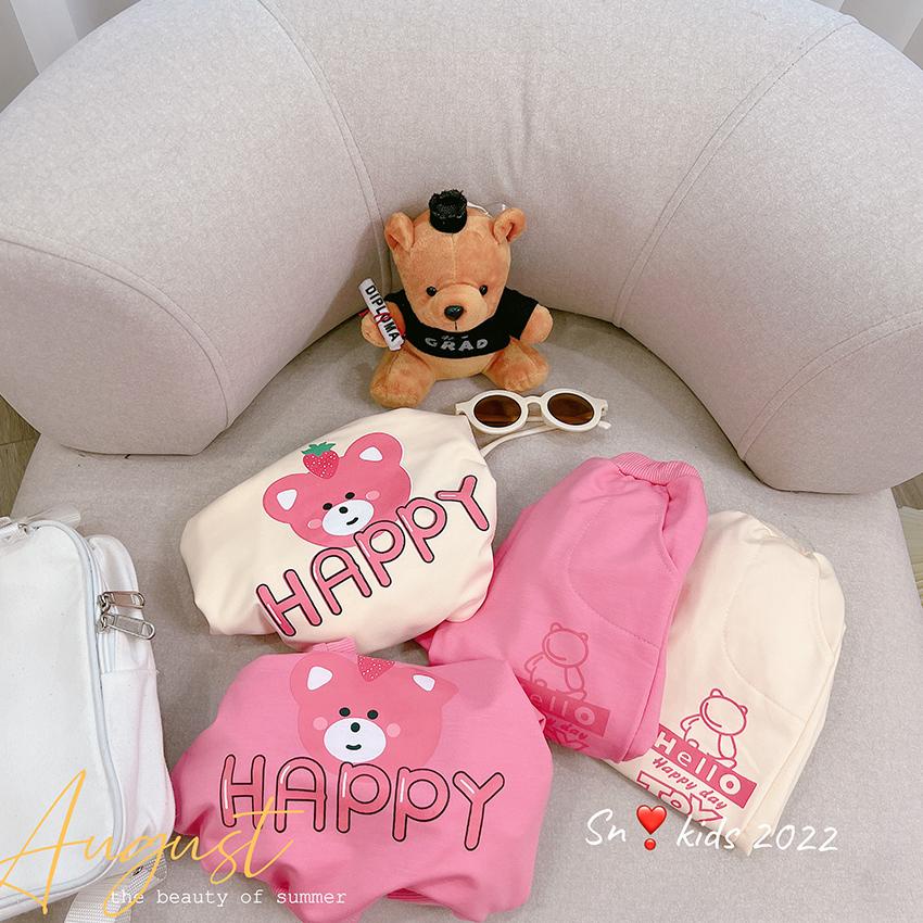 Bộ Quần Áo Dài Tay Thu Đông In Hình Gấu HAPPY DÂU Vải Nỉ Da Cá Cho Bé Từ 8-22kg Mã DC08