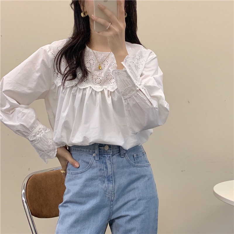 SUXI Áo Kiểu Tay Dài Cổ Tròn Phối Ren Phong Cách Hàn Quốc Thời Trang Mùa Thu Cho Nữ