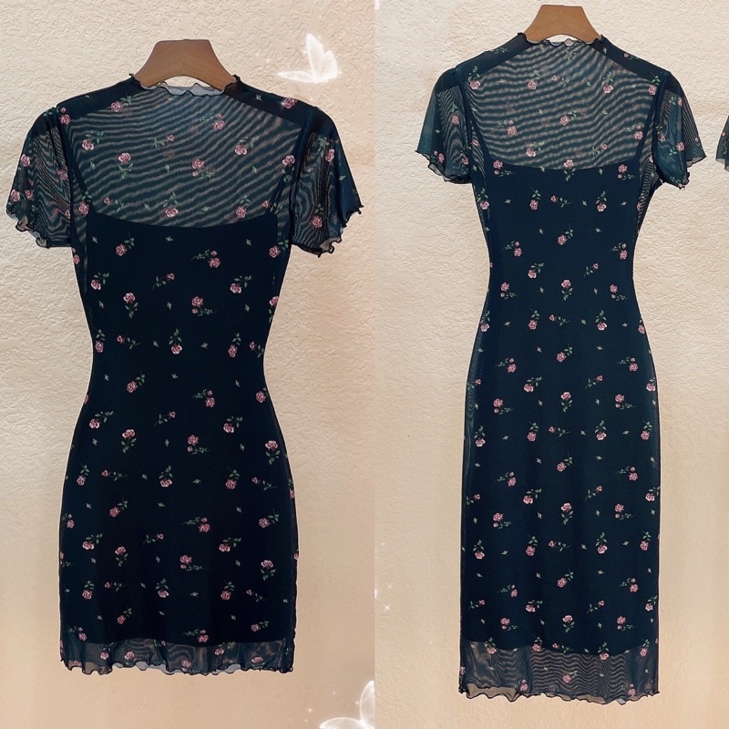 Set Little - Đầm body thun voan hoa kèm đầm thun lụa ôm