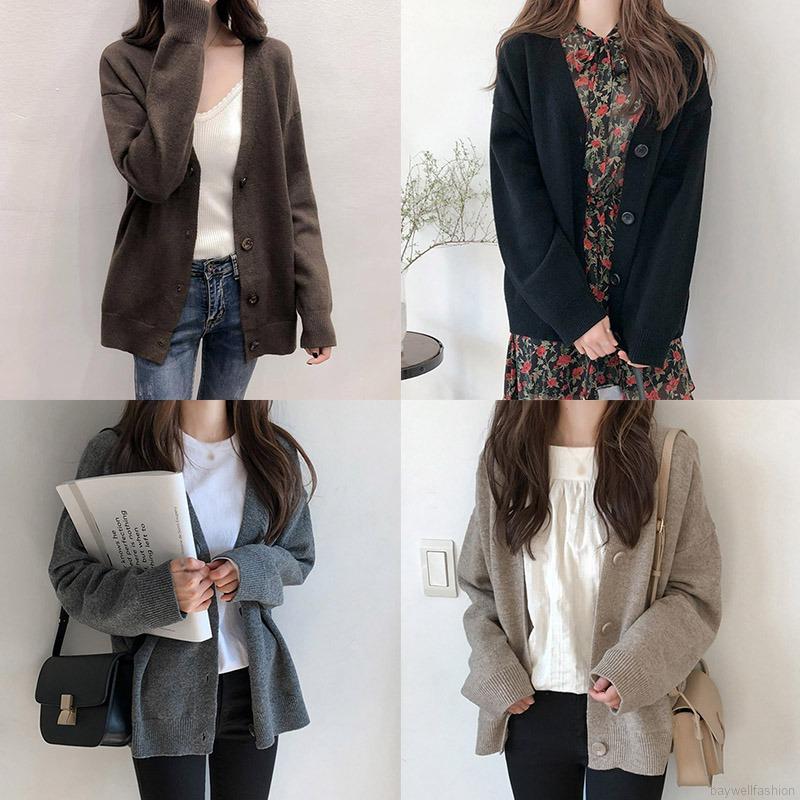 Áo Khoác Cardigan Dệt Kim Cổ Chữ V Tay Dài Màu Trơn Kiểu Hàn Quốc Đơn Giản | BigBuy360 - bigbuy360.vn