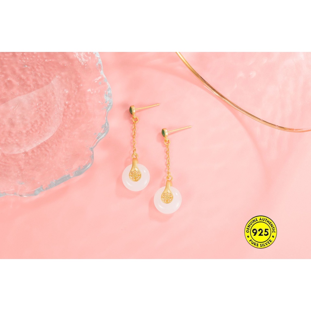 Bông Tai Đính Ngọc Bích Trắng Phong Cách Trung Quốc Cổ Điển Cho Nữ