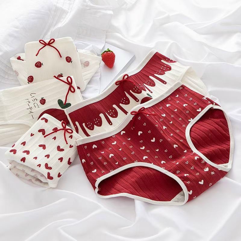 Quần lót cotton nữ hình quả dâu cạp nhúm dễ thương, quả dâu đỏ xinh xắn