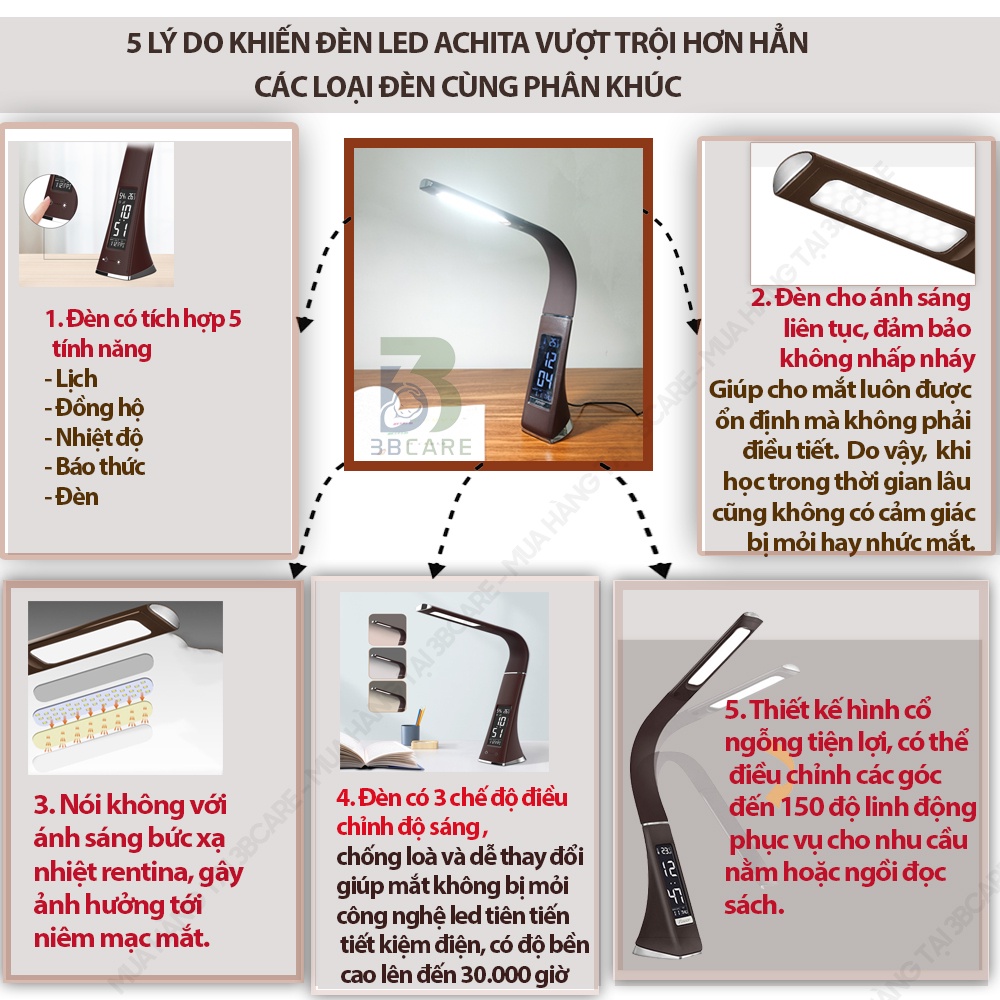 Đèn học chống cận ACHITA D22 tích điện bảo vệ mắt, đèn học để bàn chống cận tích hợp chuông báo thức - Shop 3B Care