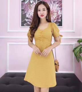 Đầm caro vàng tay nơ (kèm hình thật)