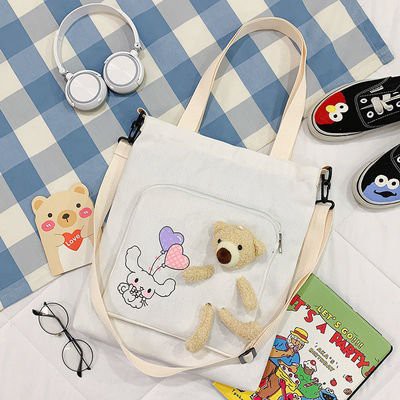 Túi Tote Vải Canvas Nữ Gấu Dễ Thương Có Khoá Kéo Phong Cách Thời Trang HX0080