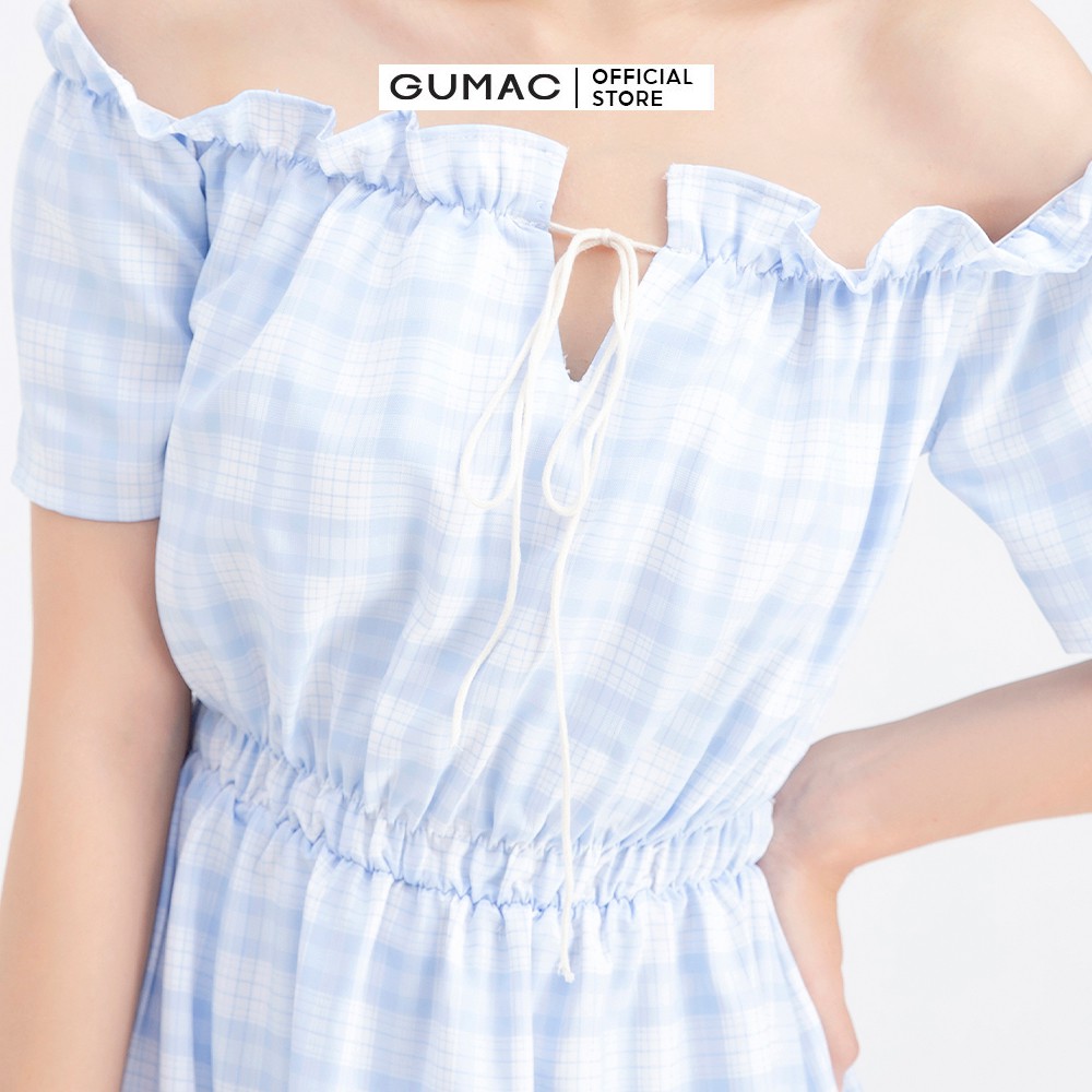 [Mã MABR07062 giảm 8% tối đa 50K đơn từ 249K] Đầm xòe nữ trễ vai caro GUMAC DB691 | BigBuy360 - bigbuy360.vn