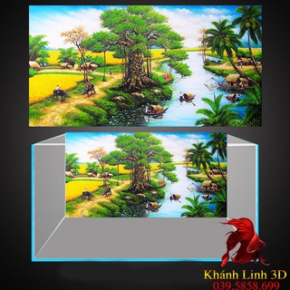 Tranh 3d bể cá cảnh - tranh bể cá đồng quê có sẵn keo dán, tặng kèm bộ dụng cụ