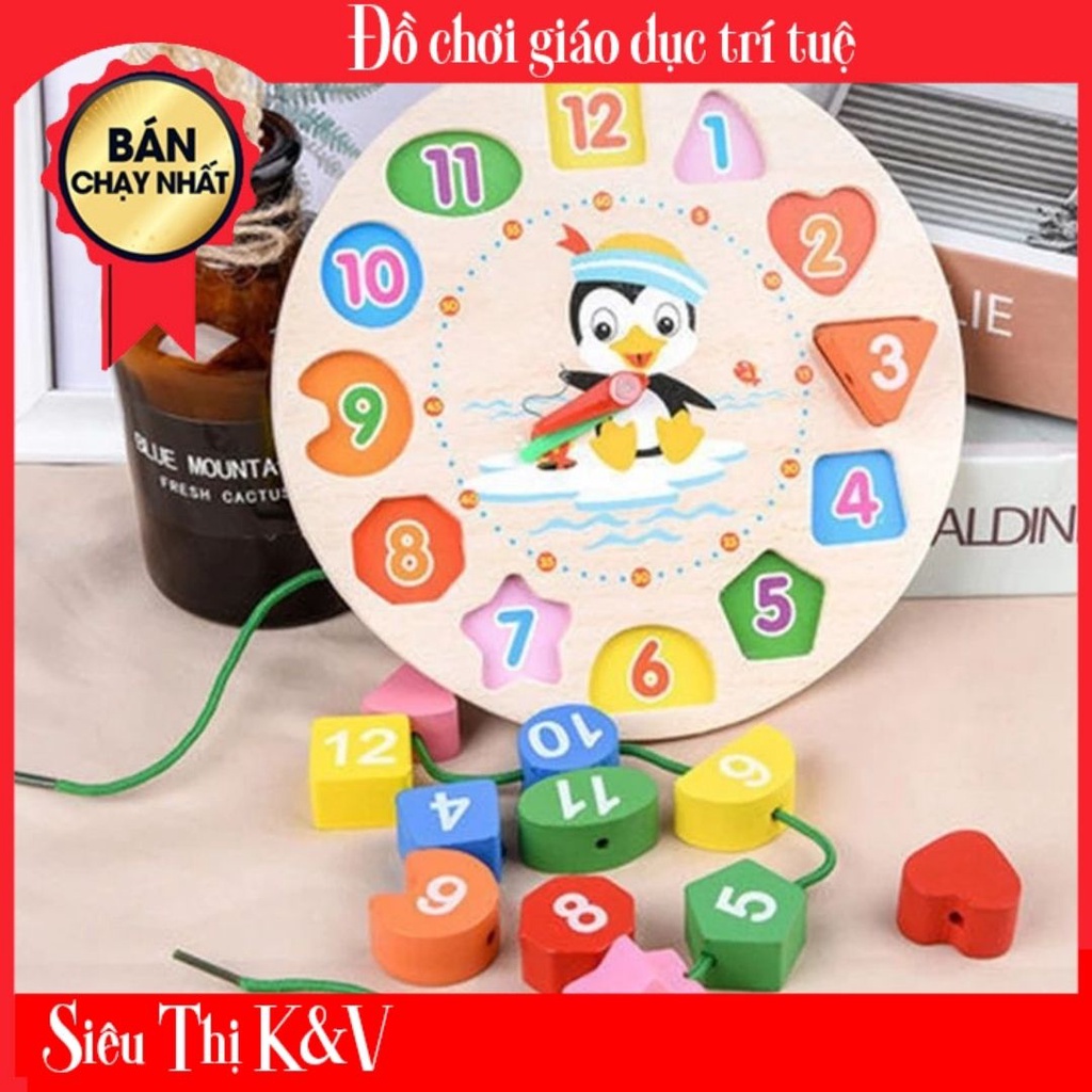 Đồng hồ gỗ lắp ghép kèm hình khối và dây xâu hạt cho bé xâu luồn các hình khối số đếm từ 1 đến12 xem giờ.