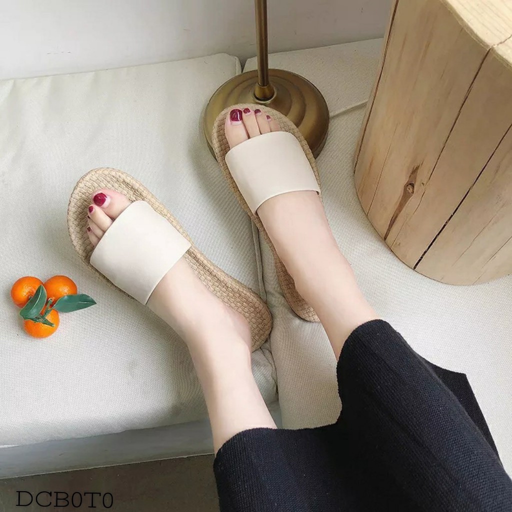 Dép Đế Cao Su Dẻo Quai Ngang Da Họa Tiết Chấm Bi và Trơn