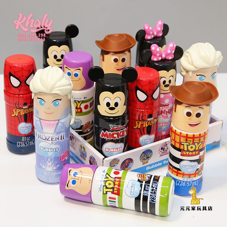 Chai thổi bong bóng nước xà phòng hình 6 nhân vật Disney Frozen,Spiderman,Minnie,Mickey,Toy siêu cute cho bé - 18P39NBB