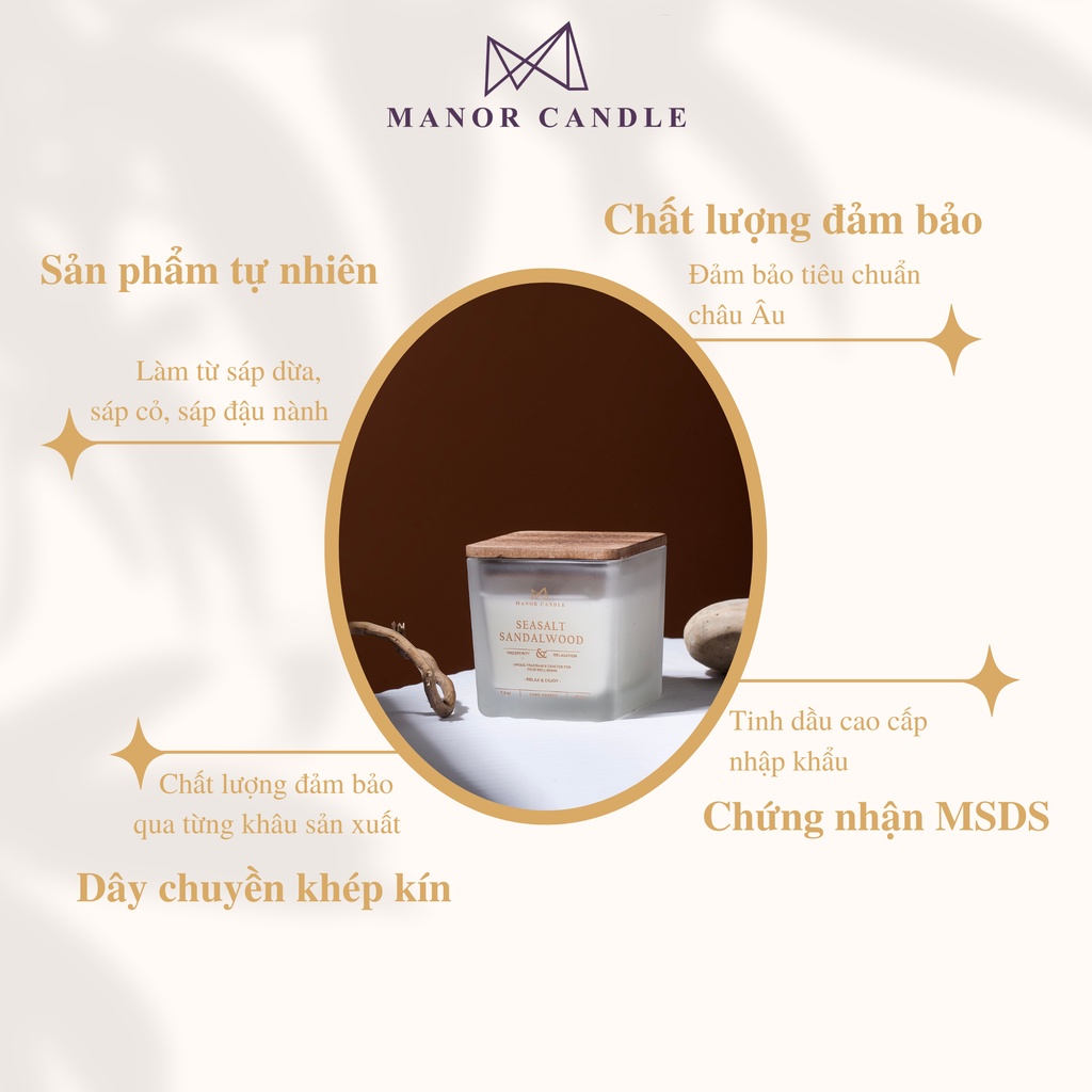 Nến Thơm Cao Cấp Seasalt SandalWood Size 7 OZ Sự Hòa Quyện Giữa Gỗ Đàn Hương & Muối Biển, Manor Candle