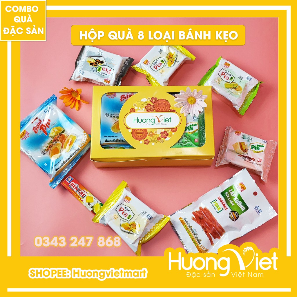 HỘP QUÀ BÁNH KẸO [ BÁNH PÍA KIM SA - LẠP XƯỞNG - KẸO DỪA] [HỘP QUÀ HUONVIETMART]