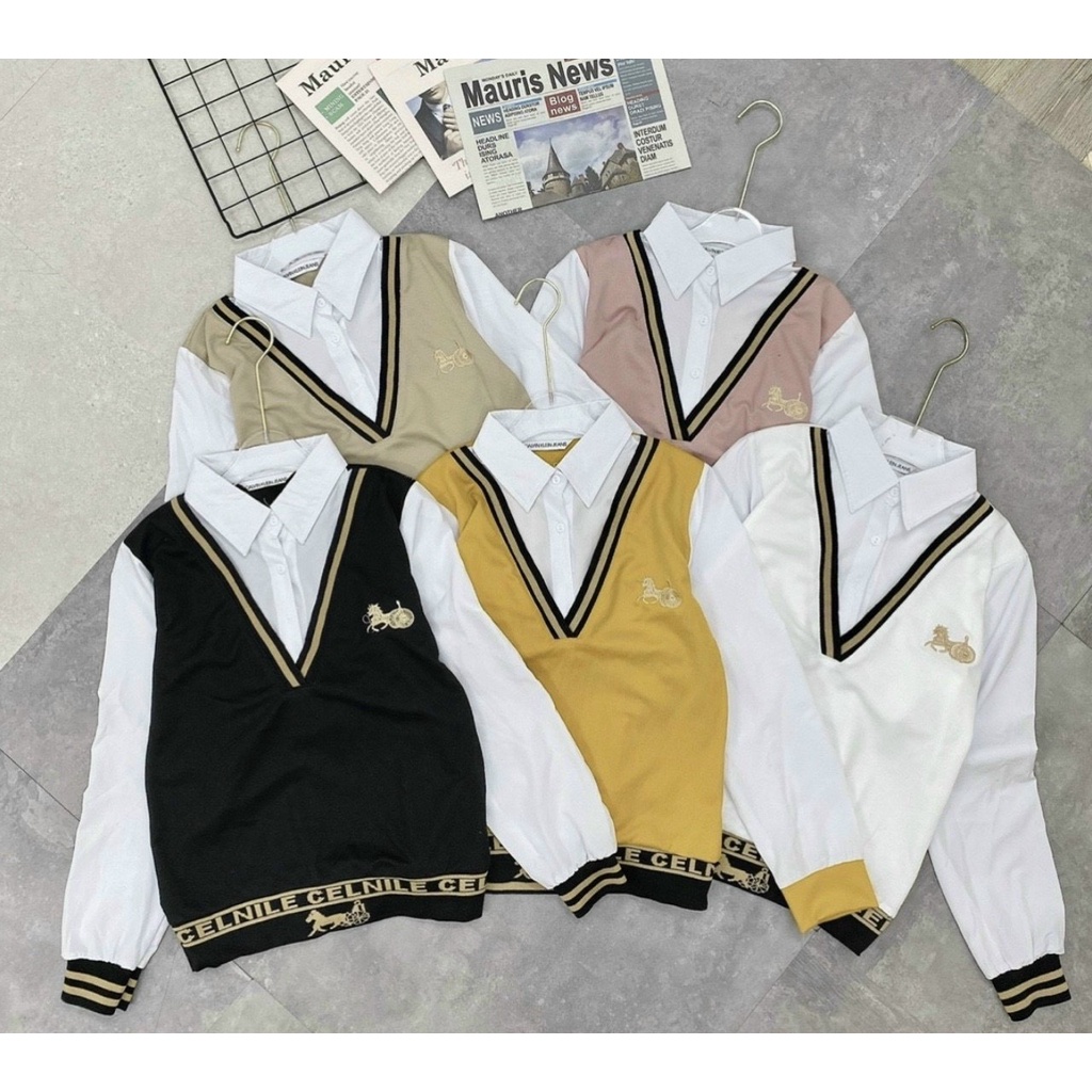 Áo gile nữ cổ V nỉ cotton kèm áo sơ mi trắng dài tay Siêu Hot