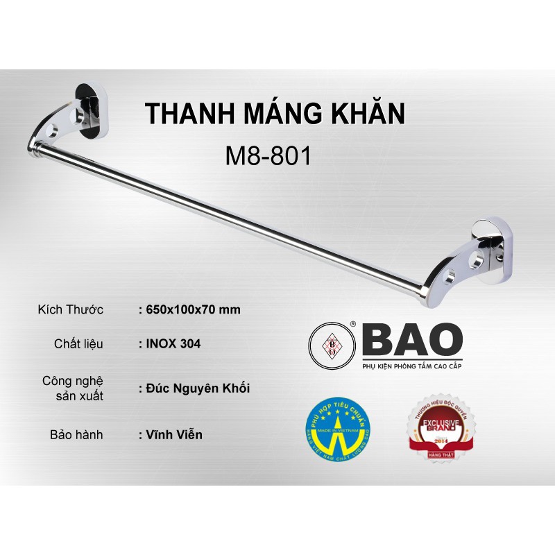 Thanh máng khăn BAO M8-801 trắng bạc, thiết kế ấn tượng, độc đáo