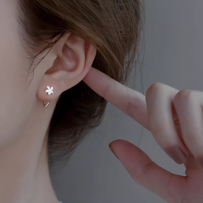Bông tai bạc nữ dạng móc hoa 5 cánh tiểu thư DaLiA Jewelry khuyên tai bạc không cần chốt xinh xắn