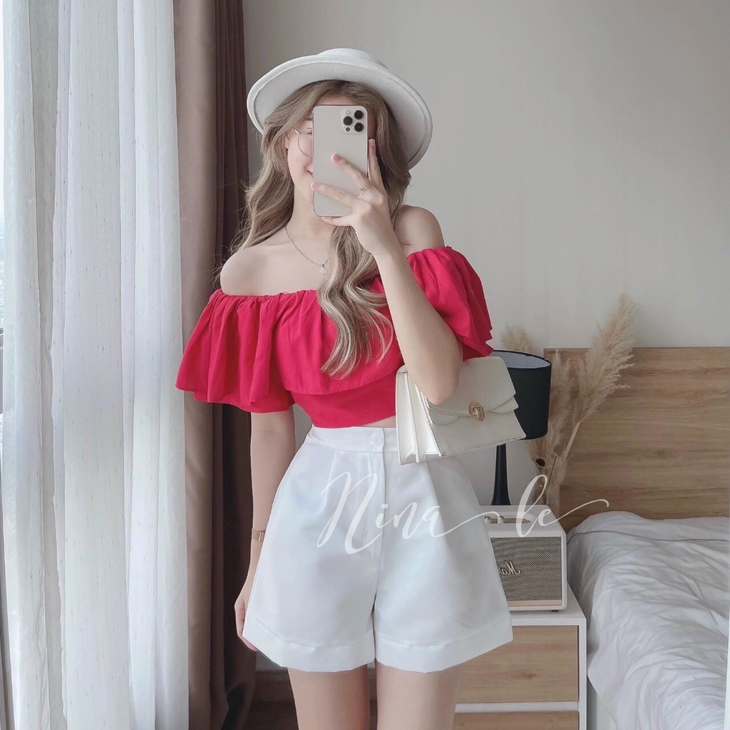 Sét áo trễ vai hồng kèm quần sooc kaki thiết kế sang trọng cá tính phong cách NOW STORE 244