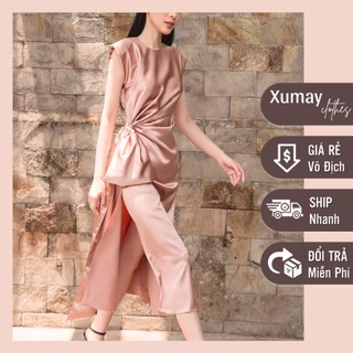 Váy lụa satin cao cấp dáng dài thiết kế xẻ tà V1