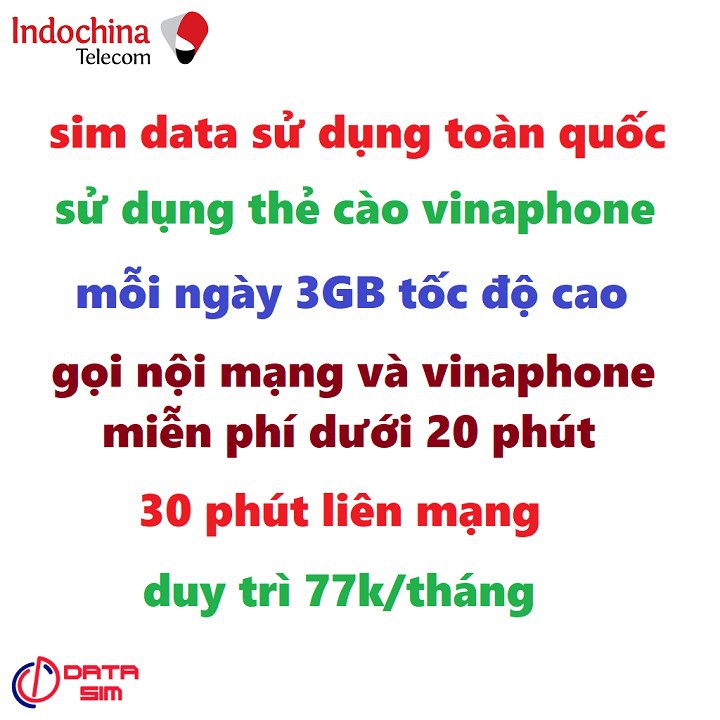 Sim 4G Itelecom Gói May77 - 90Gb/tháng - Miễn phí gọi nội mạng Vinaphone