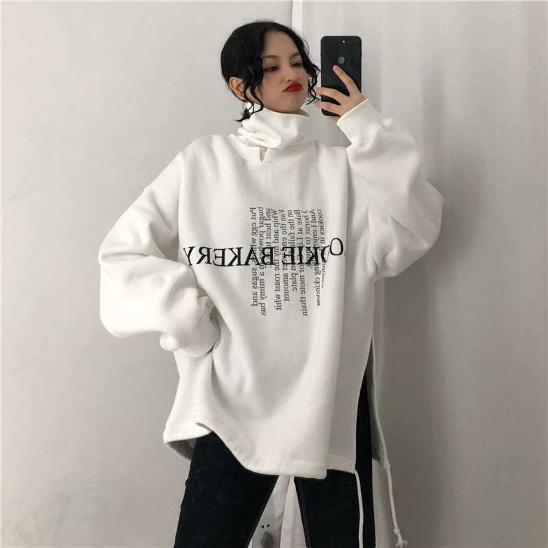 Order áo sweater ulzzang xẻ tà, cổ lọ in chữ siêu chất